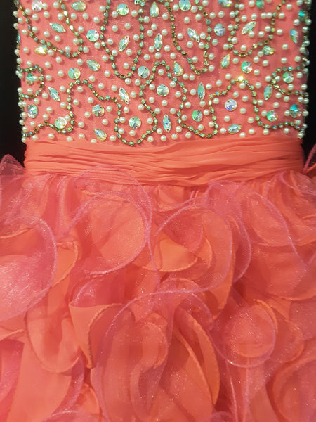 Hot Pink Ruffled Ballgown with Illusion Neckline | Tiffany Size 6 | Last one