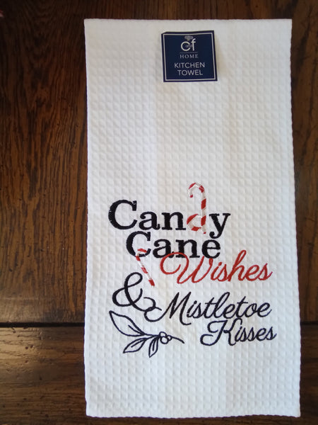 Waffle Knit Kitchen Towel "Candy Cane Wishes and Mistletoe Kisses"