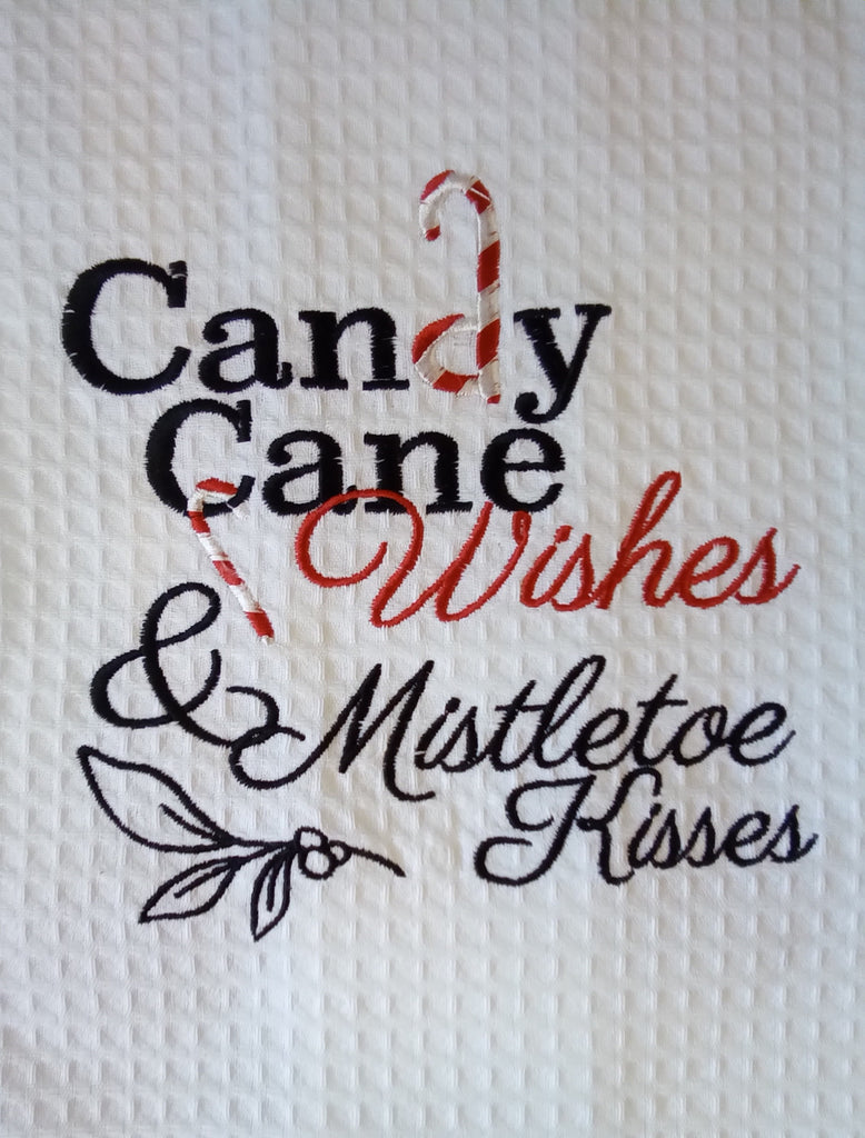 Waffle Knit Kitchen Towel "Candy Cane Wishes and Mistletoe Kisses"