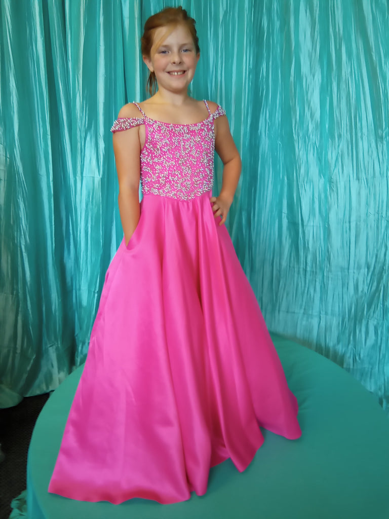 Pink Off Shoulder Princess Ballgown with White Pearl Details - Size 8 Last one!