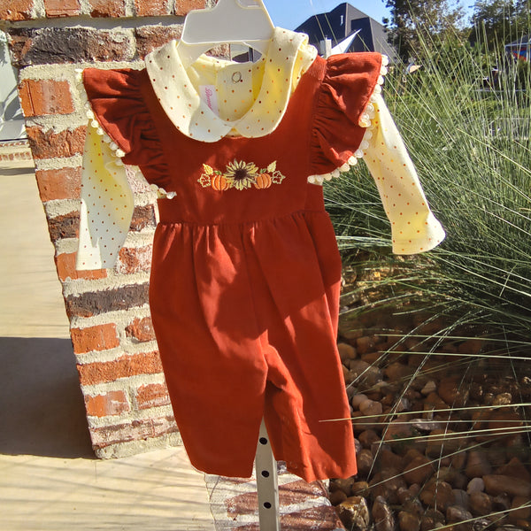 Corduroy Pinafore Romper with pumpkins & sunflowers