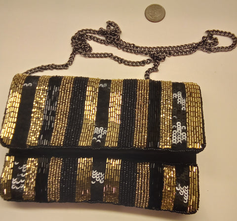 Beaded Black and Gold Stipe Clutch Handbag