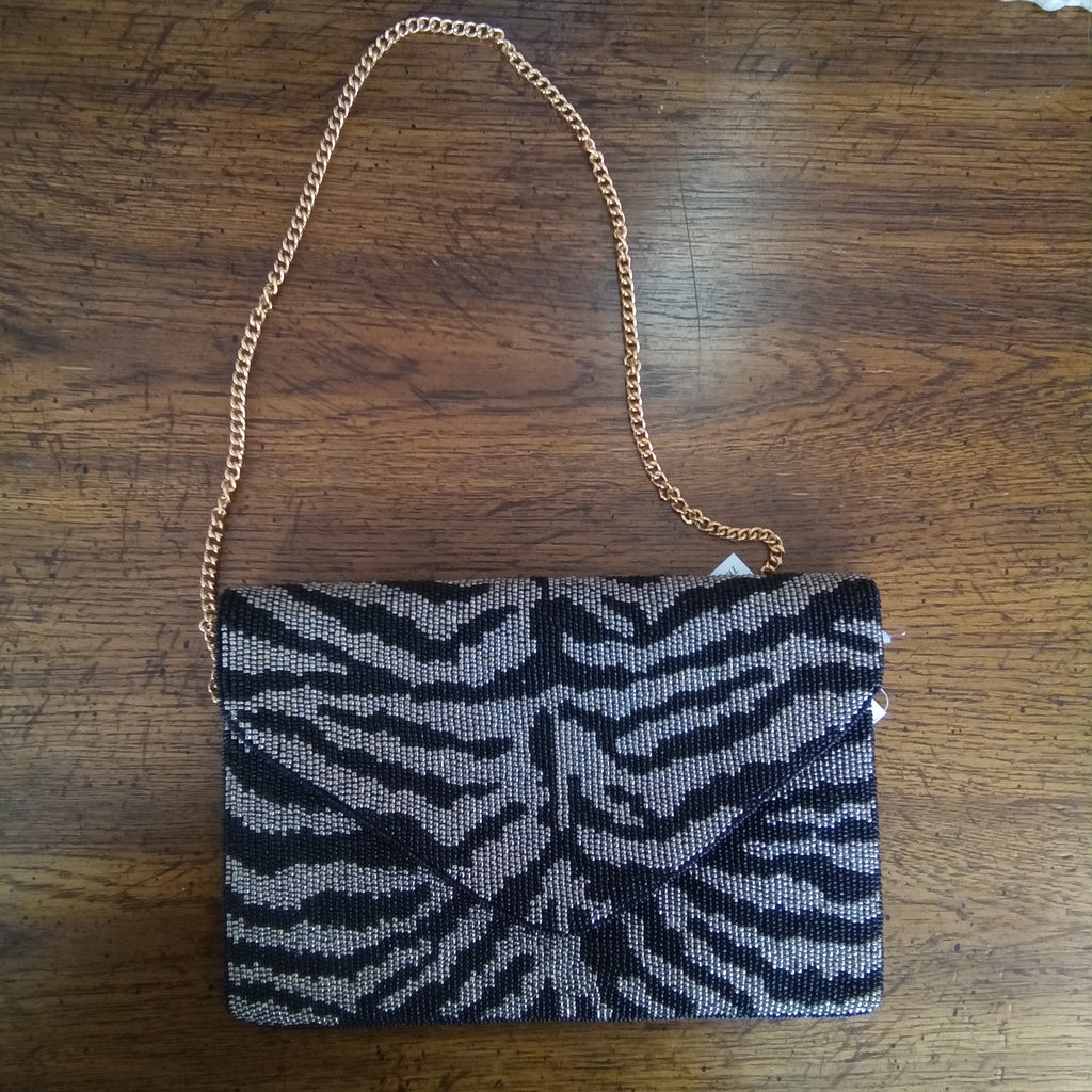 Black Zebra Pattern Beaded Clutch Handbag