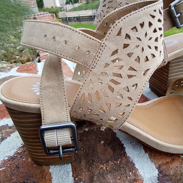 Laser Cut Stacked Block Heel Sandals | Carilena | Yellow Box