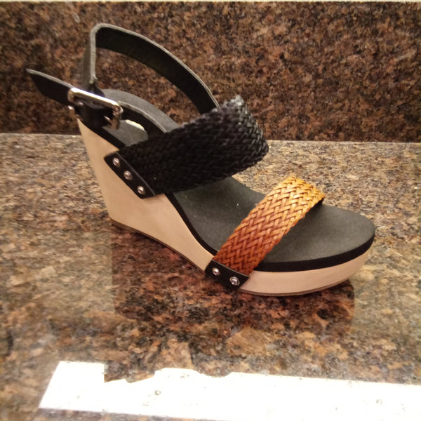 Two Tone Black and Brown Woven Baker Wedges | Volatile