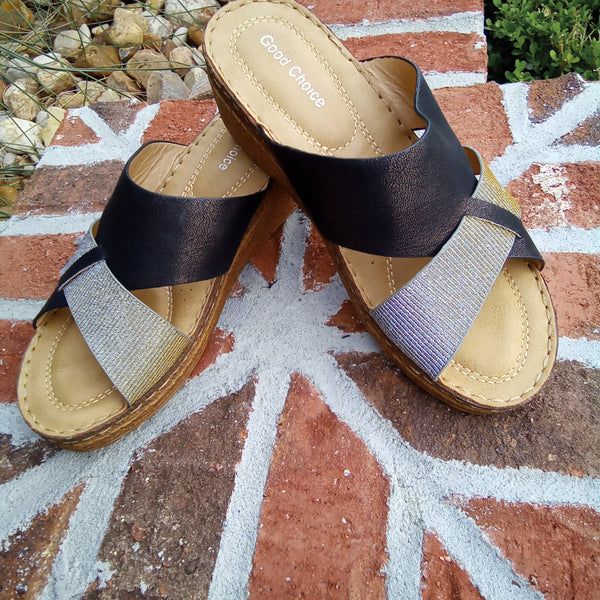 Black & Silver Wedge Sandals | Good Choice Raquel