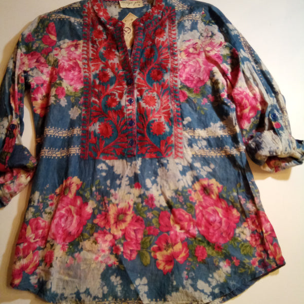 Floral Mandarin Vneck Button Front Shirt  | Vintage Goa