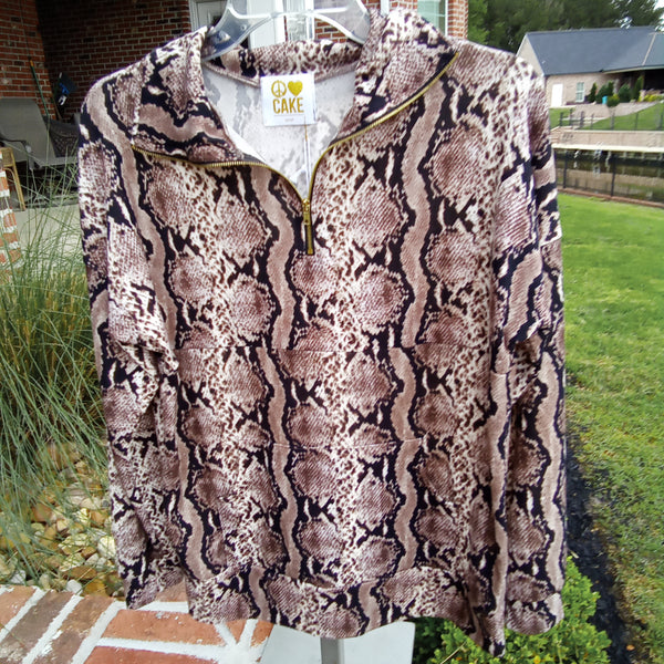 Snake Print Pull Over Zip Front Banded Shirt | Peace Love & Cake