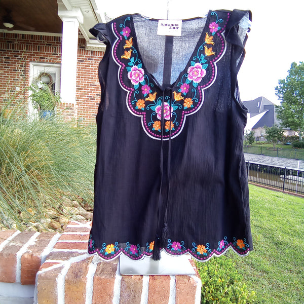 Black Flutter Sleeve Embroidered Top | Savanna Jane