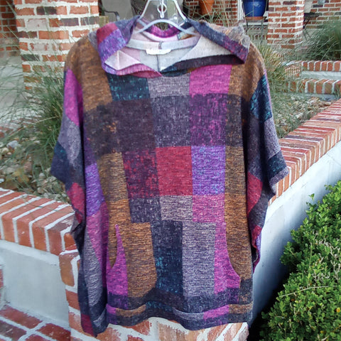 Color Blocked Plaid Pull Over Poncho Style Hoodie | First Love