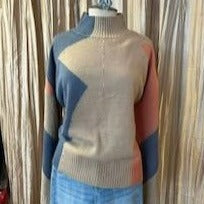Mock turtle neck long sleeve sweater in cornflower blue, tan and peach by Giglio available in size S,M & L. 
