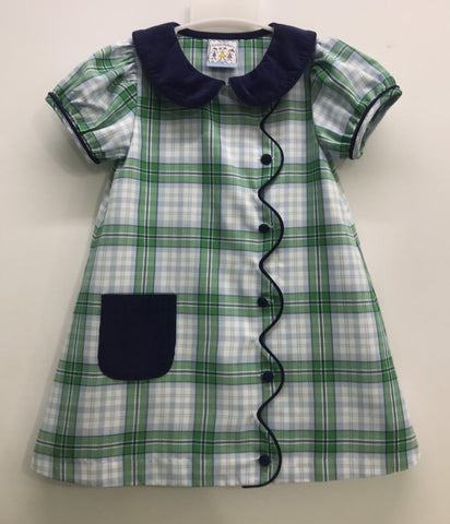 Green and Navy Plaid Scallop Button Dress