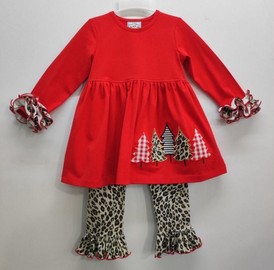 Appliqued Christmas Tree Lot Red Tunic and Legging Pant Set