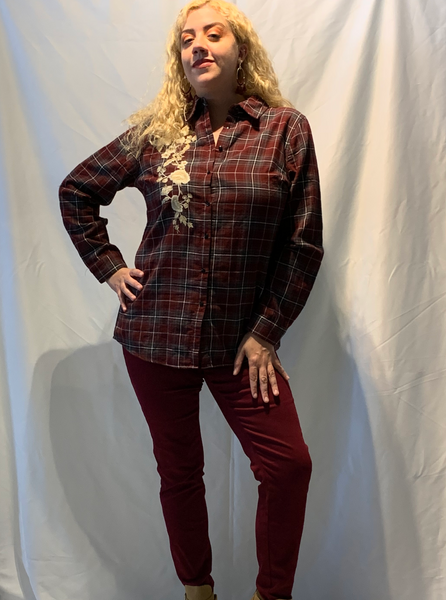 Plaid Button Up Embroidery Top