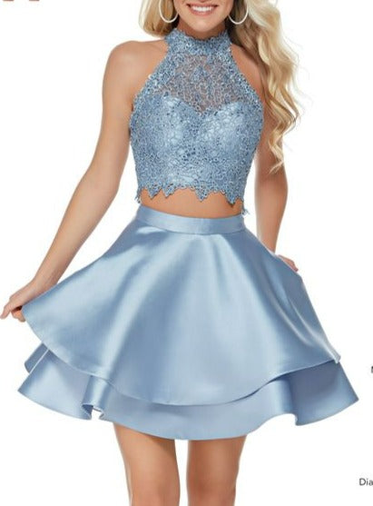 Lace and mikado two piece dress in french blue or periwinkle.