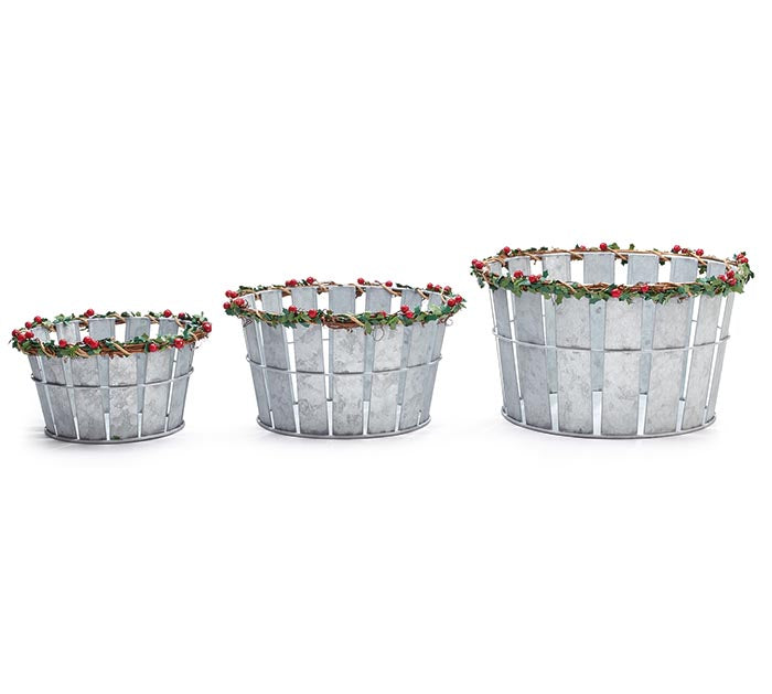 Tin Galvanized Holly & Berry Baskets - Three sizes available
