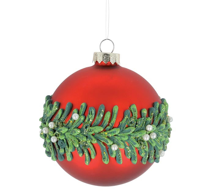 Red Glass Ornament with Raised Wreath Design