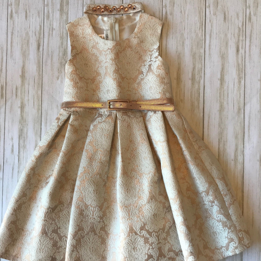 Brocade Belted Party Dress with Neck Details