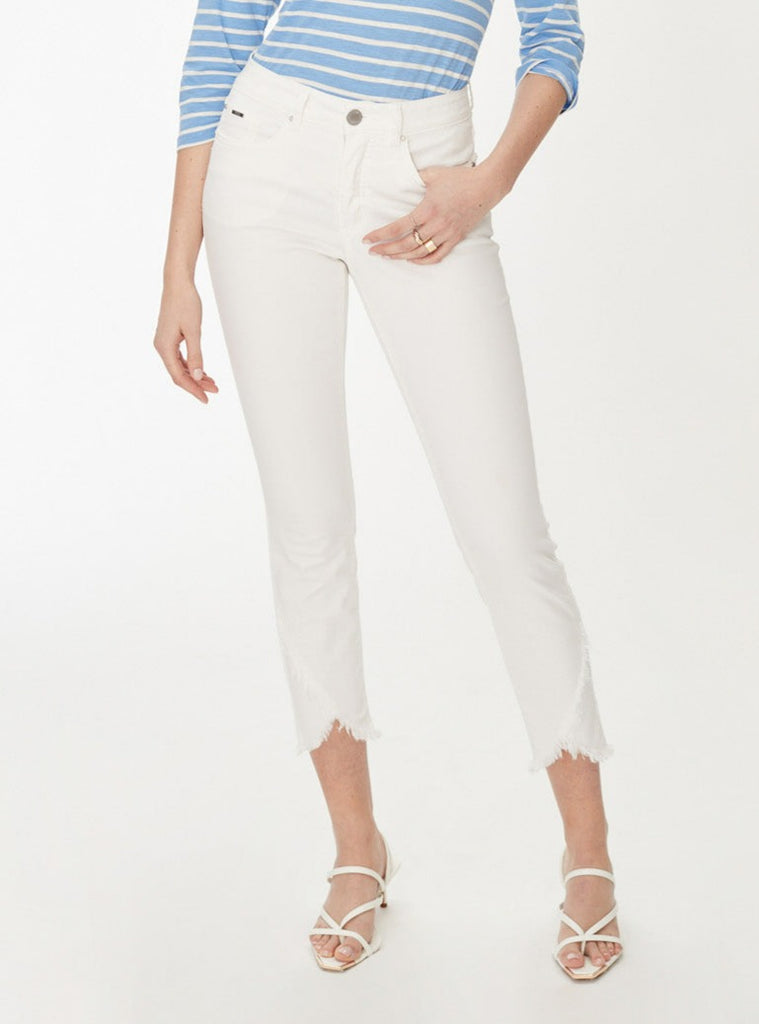 White French Dressing Ankle Jeans with frayed tulip hem.
