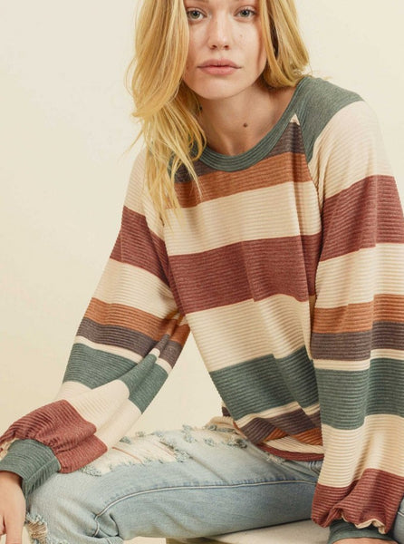 Stripe Balloon Sleeve Pullover with Banded Hem - Size M