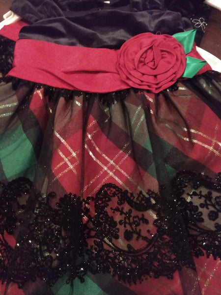 Velvet bodice with red & green plaid & Lace Dress