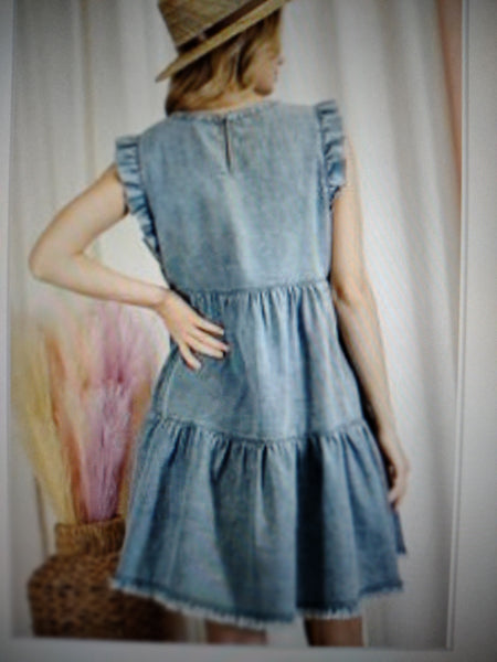 Ruffle Sleeve Tiered Denim Dress (2colors of denim)