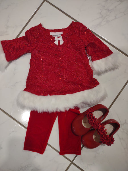Lace and Sequin Tunic with Fur Trim and Stretch Velvet Pants | Bonnie Baby