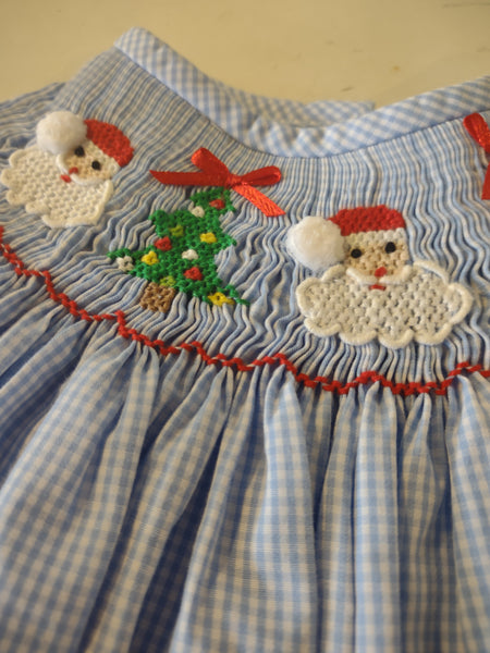 Smocked Christmas Trees and Santa on Blue Gingham Bubble Romper