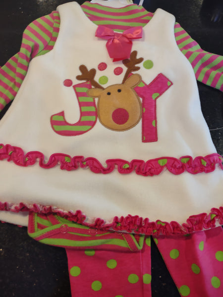 Bonnie Baby Joy Reindeer Jumper with striped crawler and dotted leggings.