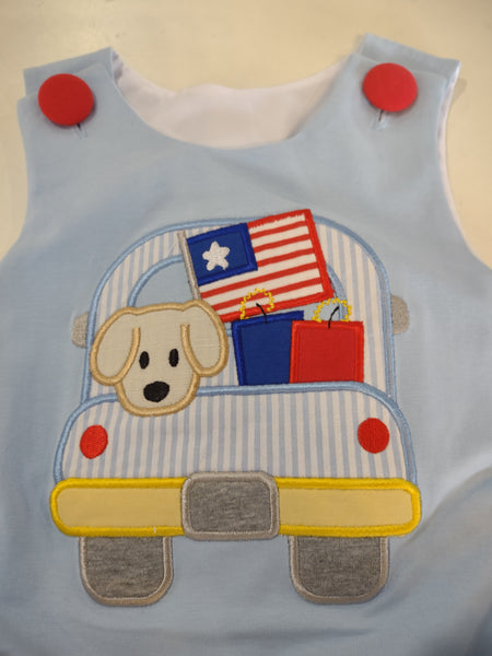 Patriotic Dog in a Truck Appliqued Infant Bubble Suit | Three Sisters
