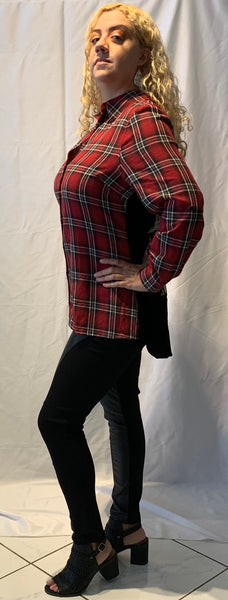 Plaid and Velvet Embroidered Long Sleeve Shirt
