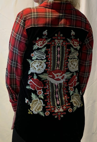 Plaid and Velvet Embroidered Long Sleeve Shirt