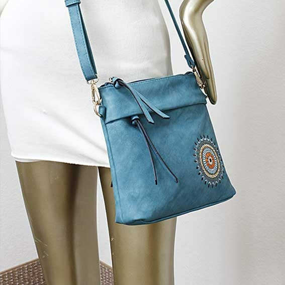This picture depicts the size bag hanging below the hipline in a crossbody fashion.  Picture show is turquoise, but same size and style as leopard.