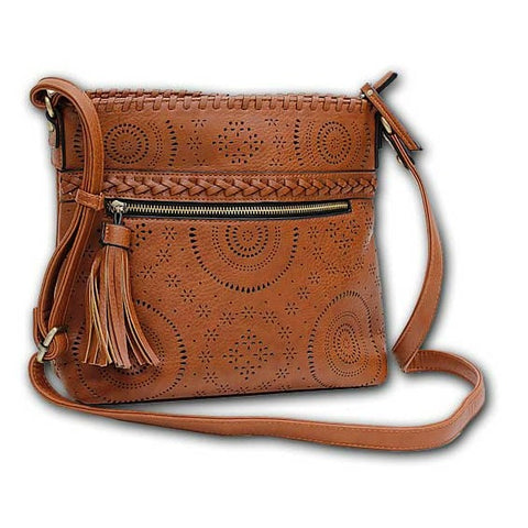 Vegan Leather cross body bag with laser cutout designs exterior side zipper pocket and tassel.