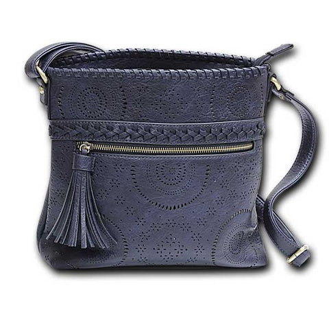 Navy, vegan leather crossbody handbag with outside zippered pocket and tassel.  Laser cutout design details.