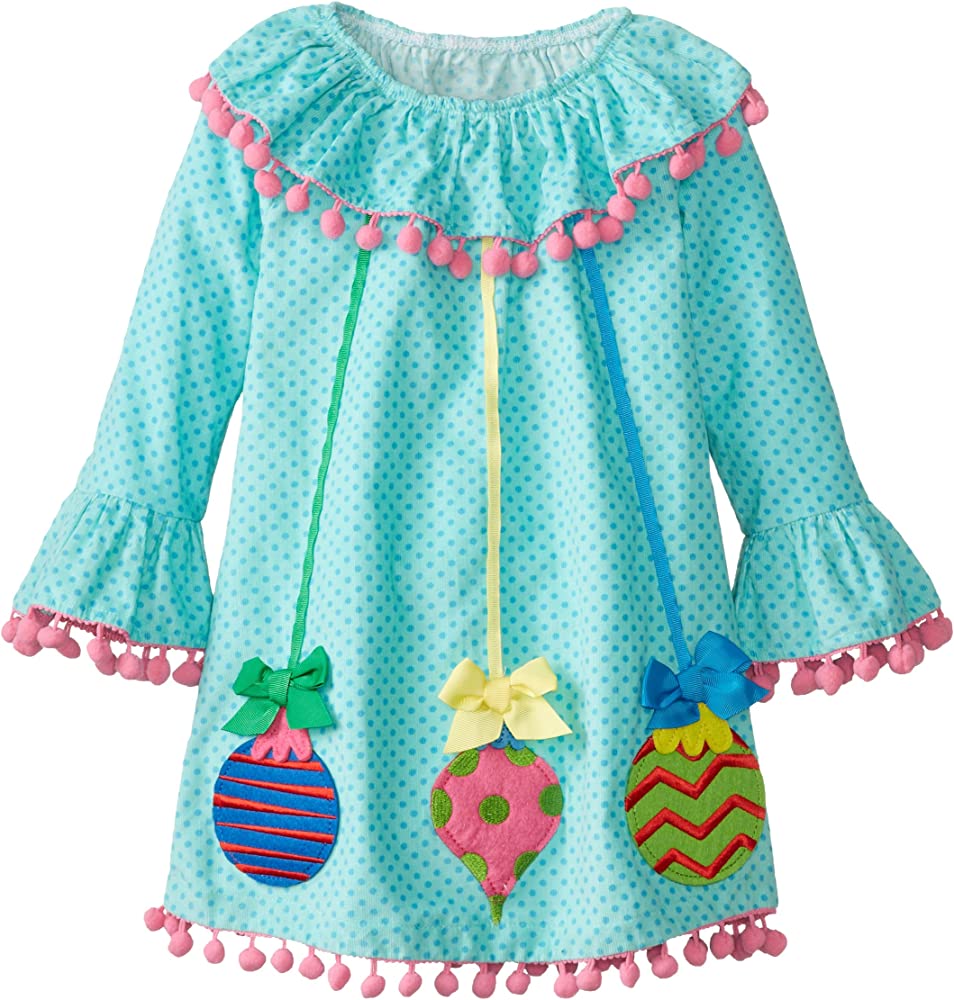 This adorable aqua dotted dress with pink pom pom trim is appliqued and embroidered with Christmas ornaments.