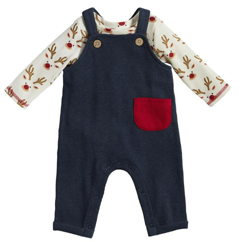 Mud Pie Overalls with waffle knit reindeer print shirt underneath.