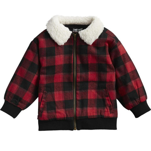 Mud Pie Buffalo Plaid jacket with sherpa collar and zip front closure.