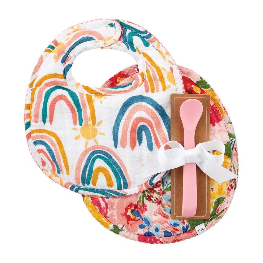 Floral & Rainbow Muslin Bibs & Spoon | Three piece set |  Mud Pie