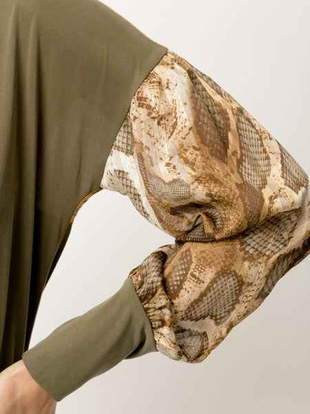 Olive blouse with snake print sleeve | Mystree 19316