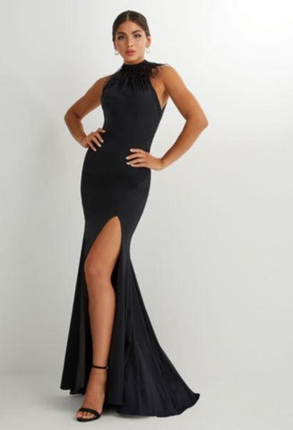 Black Jersey Halter Gown with Feathers | Studio 17 12913 | Size 14 in stock