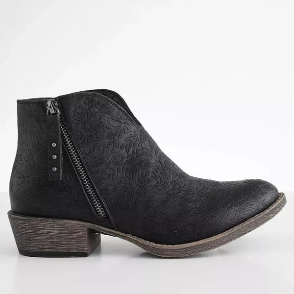Short black bootie with inside zipper to easily put on and remove bootie.