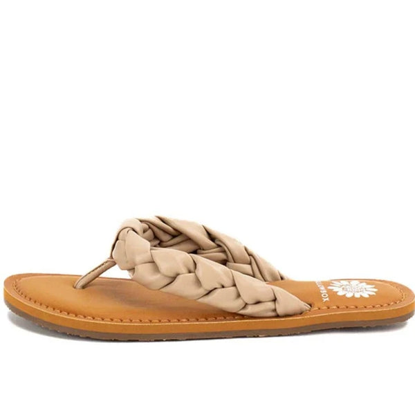 Yellowbox sandal with braided flip flop style strap on a regular sandal sole.