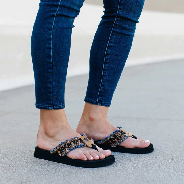 Denim and Leopard Fayth Flip Flops | Yellow Box Footwear