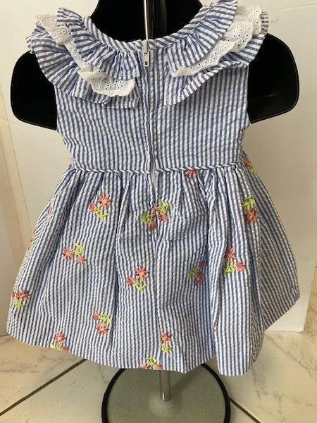Pinstripe Seersucker and Eyelet Lace Dress with Floral Embroidery & Pinstripe Bloomers | Bonnie Baby