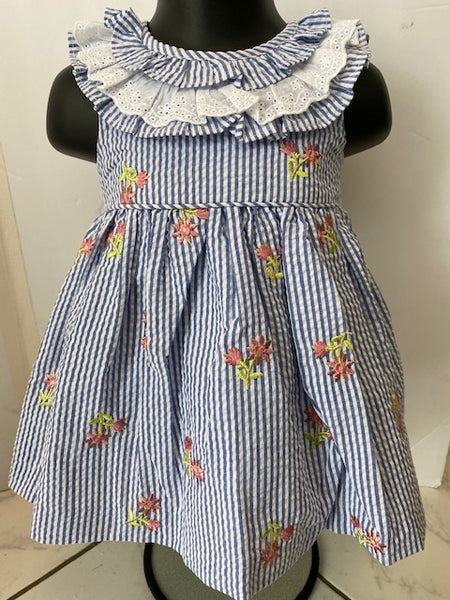 Pinstripe Seersucker and Eyelet Lace Dress with Floral Embroidery & Pinstripe Bloomers | Bonnie Baby