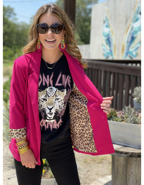Hot pink blazer with leopard trim