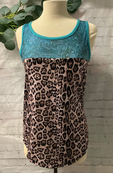 Leopard with turquoise tank top