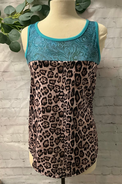Leopard with turquoise tank top