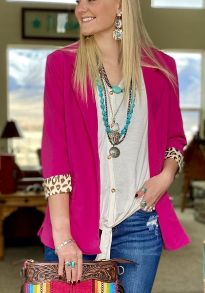 Hot pink blazer with leopard trim